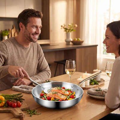 poele en inox couple mange ensemble du saumon
