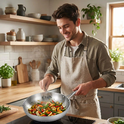 poele acier inoxydable 304 homme cuisine legume sur plaque cuisson