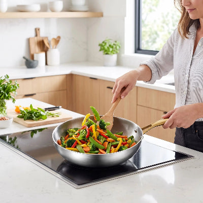 poele en inox femme cuisine des legumes sante