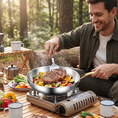 poele en inox homme cuisine au camping